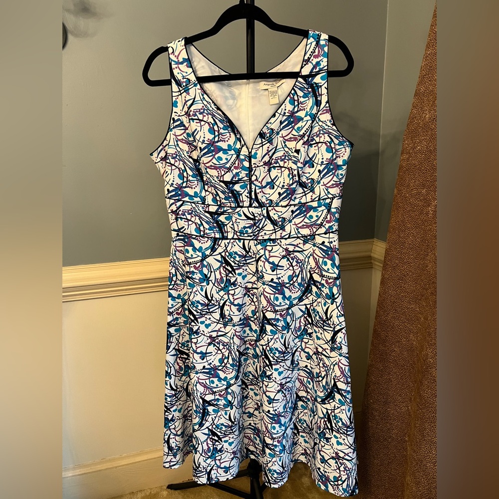 Amanda Smith Blue and White Abstract Midi Dress 12 blue purple